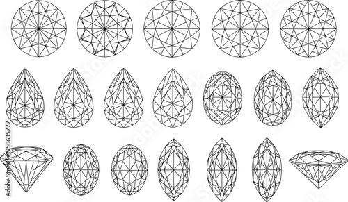 Diamond gemstone shapes collection line art set with round oval pear and marquise cuts, jewelry gem outline vector illustration