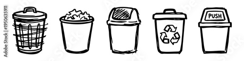 Bin, Trash Can and Lid Monochrome Icon Set. High quality stock illustration with clear subject focus and cohesive composition for versatile commercial usage.