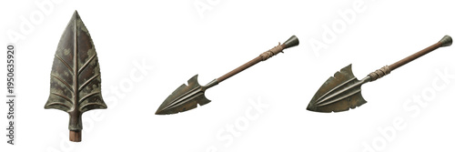 Foto Set and collection of ancient iron arrowhead spear tips with rustic metal textur