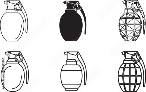 Various illustrations of grenades in different styles and shading techniques