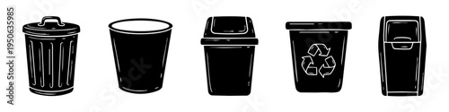 Bin, Lid and Recycle Symbol Monochrome Icon Set. High quality stock illustration with clear subject focus and cohesive composition for versatile commercial usage.