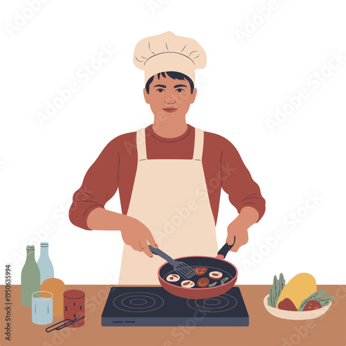 A chef cooking in a kitchen with a frying pan and ingredients on the counter