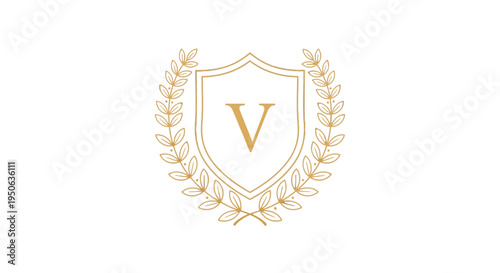 Golden Laurel Wreath with Shield and Letter V Emblem on Isolated White Background