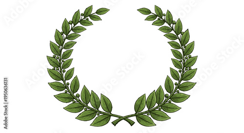 Green Laurel Wreath with Detailed Leaves on Isolated White Background