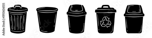 Bin, Lid and Recycling Symbol Monochrome Icon Set. High quality stock illustration with clear subject focus and cohesive composition for versatile commercial usage.