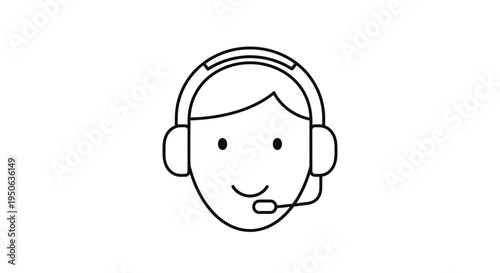 Person's Face with Headset and Microphone Line Icon on Isolated White Background