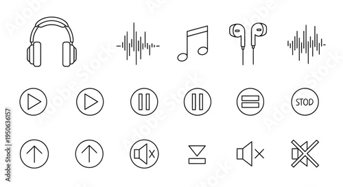Set of outline icons for audio playback controls, sound waves, and volume settings on isolated white background.