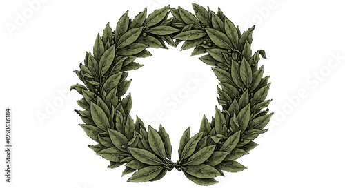 Detailed green illustration of a classic olive wreath, symbolizing victory, peace, or honor, on isolated white background.
