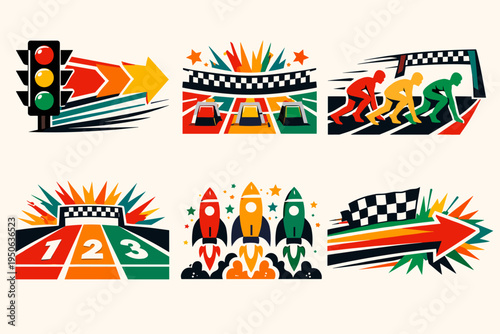 Colorful Vector Illustration Set of Racing and Competition Concepts Featuring Traffic Lights, Runners at Starting Blocks, Rocket Launch, Checkered Flags, and Speed Arrows for Sports Design.