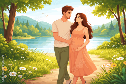 Happy young couple in love with pregnant woman walking in nature park near lake. Expecting family relaxing outdoors in summer landscape with flowers. Maternity concept vector illustration.