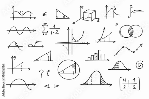 Hand-drawn collection of mathematical equations, graphs, and geometric sketches on white background, featuring algebra, calculus, trigonometry, and statistics diagrams in a doodle-style vector.