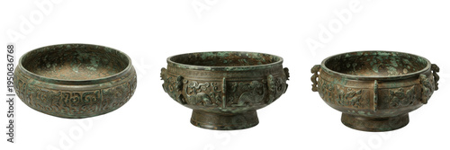 Fotografie Set and collection of ancient Chinese bronze bowls, antique ritual vessel cauldrons, and ornate metal artifacts isolated on white transparent png background
