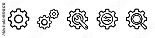 Gear, Gears and Gear With Wrench Monochrome Icon Set. High quality stock illustration with clear subject focus and cohesive composition for versatile commercial usage.