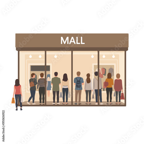 A vector illustration of a crowd of people waiting in line outside a mall entrance