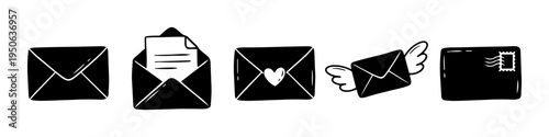 Envelope, Paper and Heart Monochrome Icon Set. High quality stock illustration with clear subject focus and cohesive composition for versatile commercial usage.