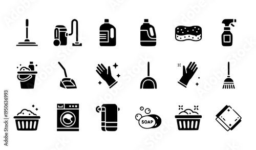 Home Cleaning Tools Solid Icon Collection with Mop Vacuum Detergent Laundry and Housekeeping Symbols