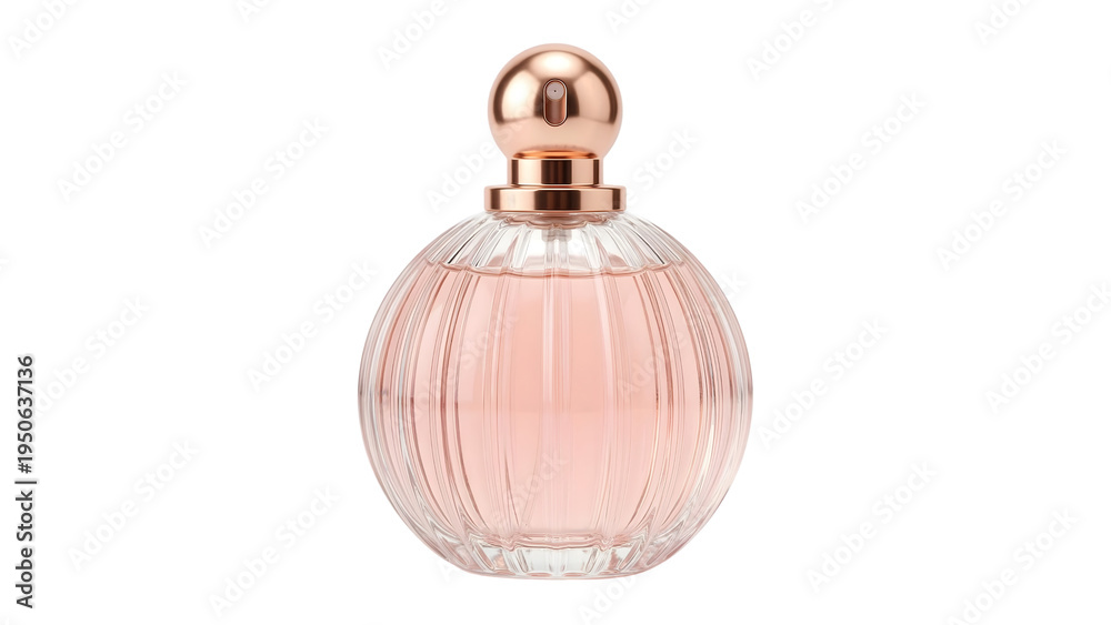 Obraz premium Elegant Pink Round Perfume Bottle with Rose Gold Cap Isolated on Transparent Background, Luxury Women Fragrance and Beauty Product for Cosmetic Design