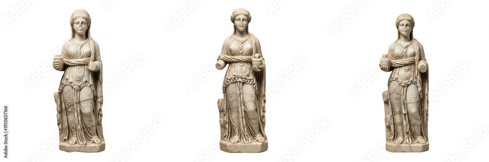 Obraz premium Set and collection of ancient classical marble female statues and weathered greek goddess figurines with traditional drapery isolated on white transparent png background