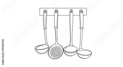 Kitchen Utensils Hanging on Rack.