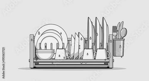 Kitchen utensils and dishware set.
