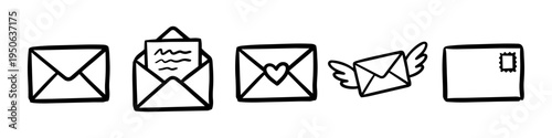 Envelope, Envelope Open and Heart Monochrome Icon Set. High quality stock illustration with clear subject focus and cohesive composition for versatile commercial usage.