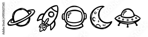 Planet, Rocket and Helmet Monochrome Icon Set. High quality stock illustration with clear subject focus and cohesive composition for versatile commercial usage.