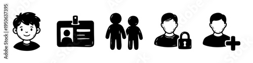 Person, Id Card and Couple Monochrome Icon Set. High quality stock illustration with clear subject focus and cohesive composition for versatile commercial usage.