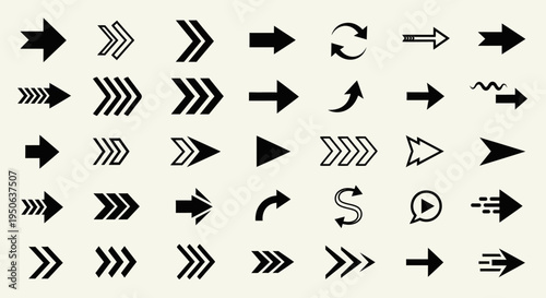 Versatile Collection of Black Arrow Icons for Modern Digital Interfaces and Dynamic Navigation Systems. A Comprehensive Set of Graphic Pointers and Directional Indicators in Various Styles
