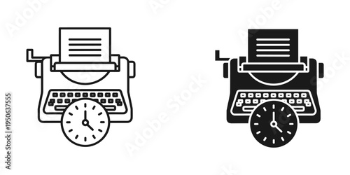 vintage typewriters with clocks time management concept flat design vector illustration