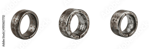 Fotografie Set and collection of ancient weathered metal ring bands and primitive iron hoop