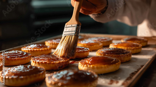 A baker brushing egg glaze onto pastries before baking