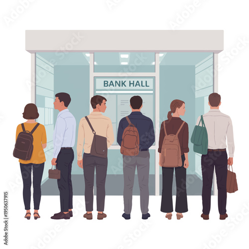 A group of people standing in line outside a bank hall, waiting to enter