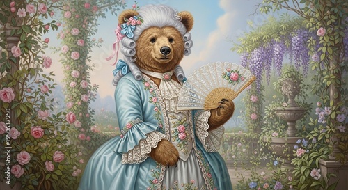 Charming brown bear dressed in blue eighteenth century rococo gown holding lace fan in garden
