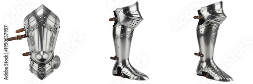 Foto Set and collection of medieval knight plate armor leg guards including greaves a