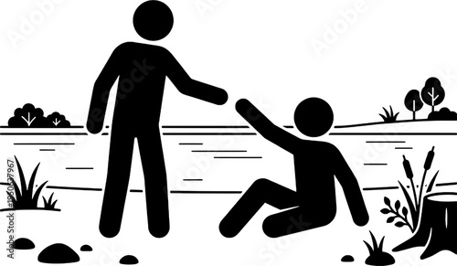Man Reaching a Helping Hand to Rescue a Kneeling Person by the Riverbank Minimalist Black and White Vector Illustration of Kindness and Support