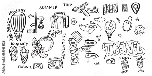 Summer travel doodle set with airplane, suitcase, map, beach icons and hand drawn lettering