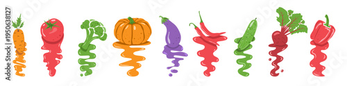 A set of vegetable sauces with drips for cooking and advertising design. Vector illustration.