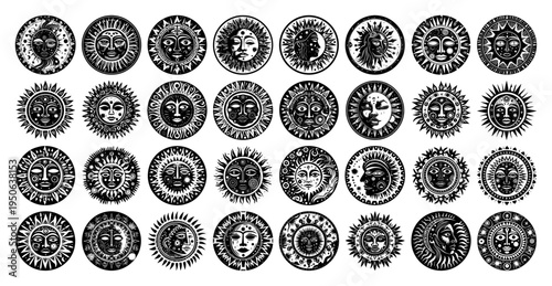 Mystic sun and moon face vector icon set Collection of esoteric celestial symbols for tattoo and logo design