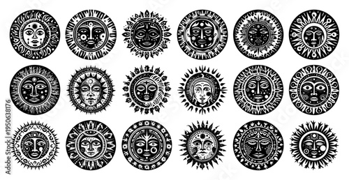Sun Face Icons Set Tribal Ethnic Solar Mandala Vector Collection