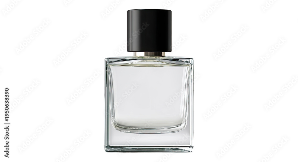 Obraz premium Clear glass perfume bottles isolated PNG, elegant fragrance containers on transparent background for beauty and cosmetic product mockups