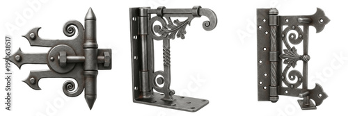 Εκτύπωση καμβά Set and collection of vintage wrought iron door hinges and decorative ornate met