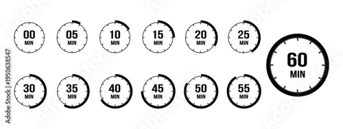 Minimalist minute timer icon set with bold circular progress strokes, 5 to 60 minute countdown symbols, black and white vector UI elements