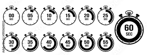 Stopwatch timer icon set showing 5 to 60 second intervals, black and white countdown chronometer collection, mechanical watch symbols