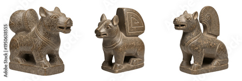 Fotografie Set and collection of ancient stone animal figurines with primitive hand-carved