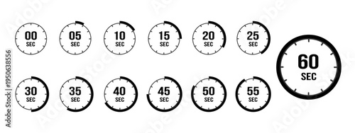 Minimalist seconds timer icon set with bold circular progress strokes, 5 to 60 second countdown symbols, black and white vector UI elements