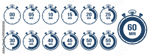 Blue stopwatch timer icon set showing 5 to 60 minute intervals, countdown chronometer collection, navy vector symbols