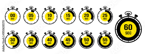 Stopwatch timer icon set with yellow highlights showing 5 to 60 second intervals, countdown chronometer collection, black vector symbols