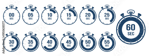 Blue stopwatch timer icon set showing 5 to 60 second intervals, countdown chronometer collection, navy vector symbols