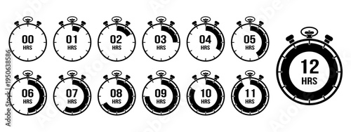 12 hour stopwatch timer icon set, black and white countdown chronometer collection from 1 to 12 hours, vector time tracking symbols