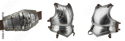 Tableau sur toile Set and collection of medieval steel knight breastplate armor and silver warrior